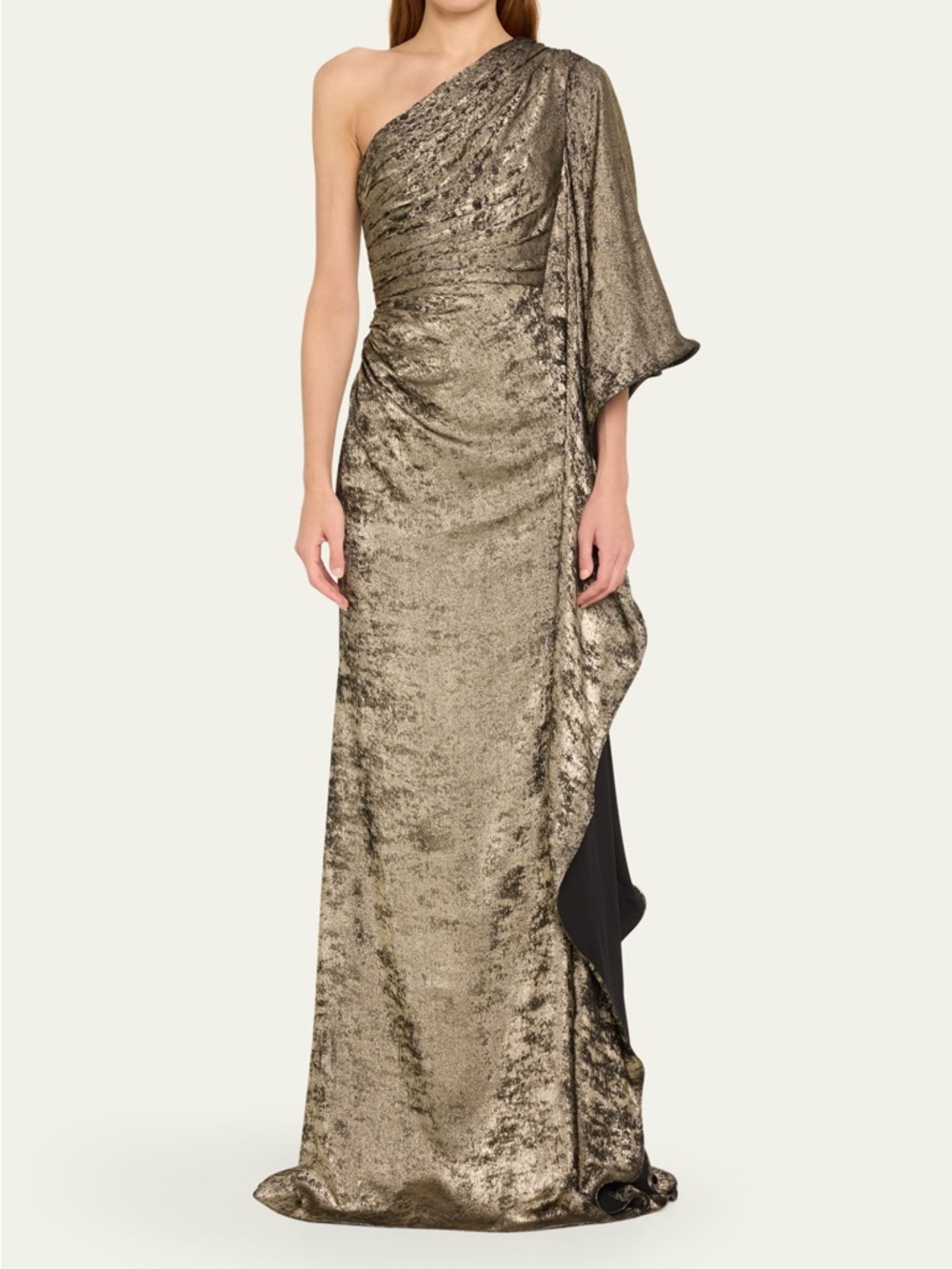 Badgley Mischka One-Shoulder Metallic Pewter Gold Gown Formal Elegant